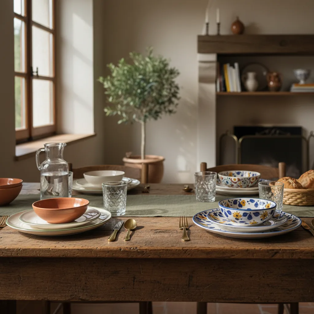 Comparativa de vajilla italiana Brandani y Bitossi sobre mesa de comedor con luz natural