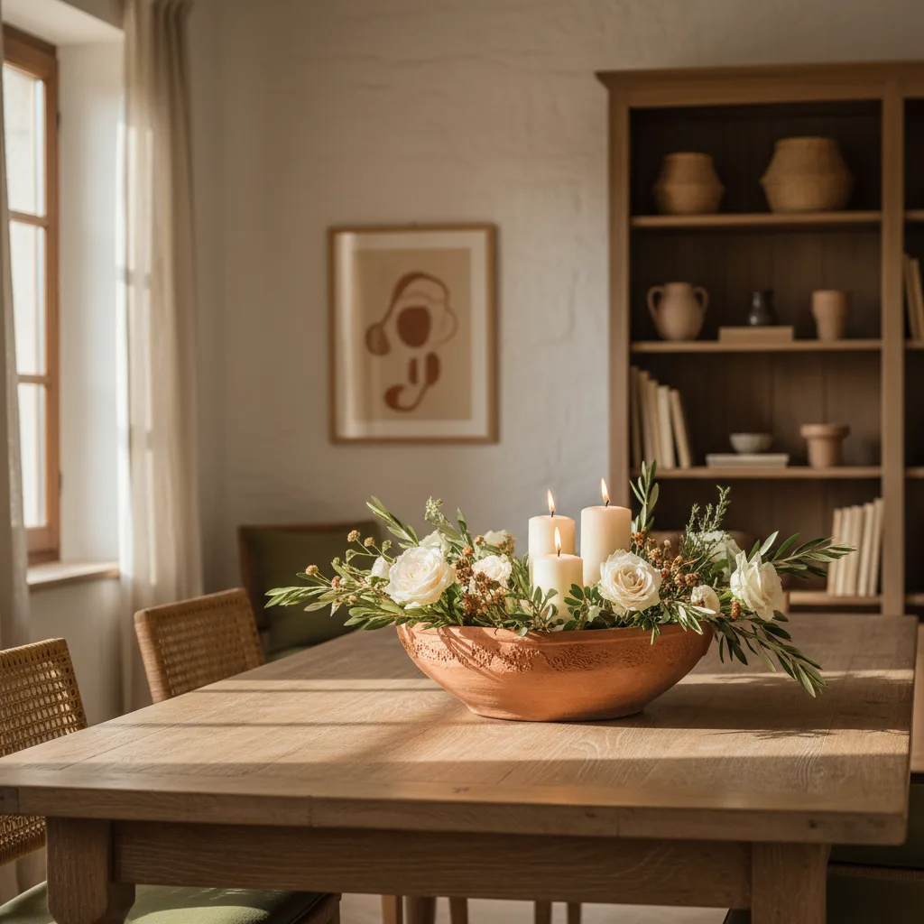 Centro de mesa con flores y velas sobre cuenco cerámico italiano en mesa de comedor