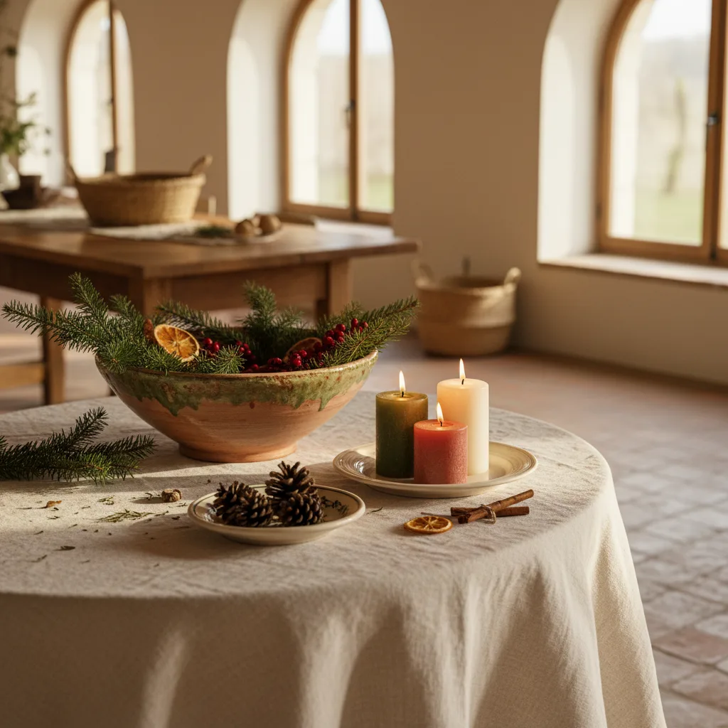 Centro de mesa de Navidad con cerámica italiana, velas y ramas de abeto sobre mantel de lino