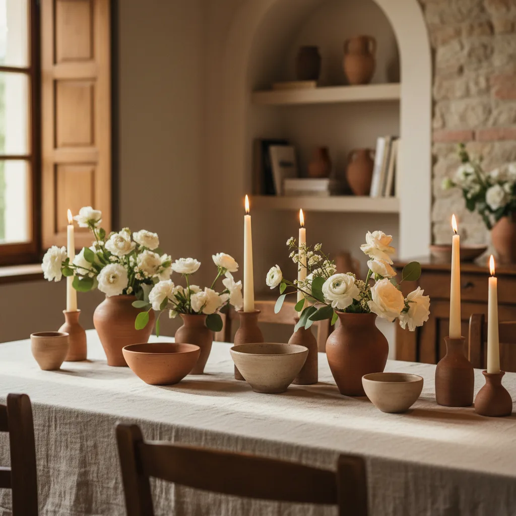 Centros de mesa para boda elegantes con cerámica artesanal, flores blancas y velas sobre mantel de lino