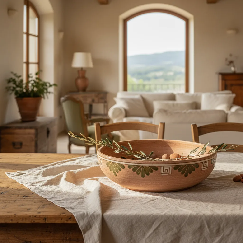 Centro de mesa de cerámica italiana sobre mesa de madera con mantel de lino