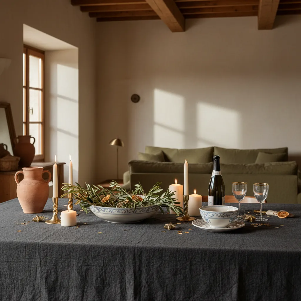 Centro de mesa de Nochevieja elegante con cerámica italiana, velas y detalles dorados sobre mantel oscuro