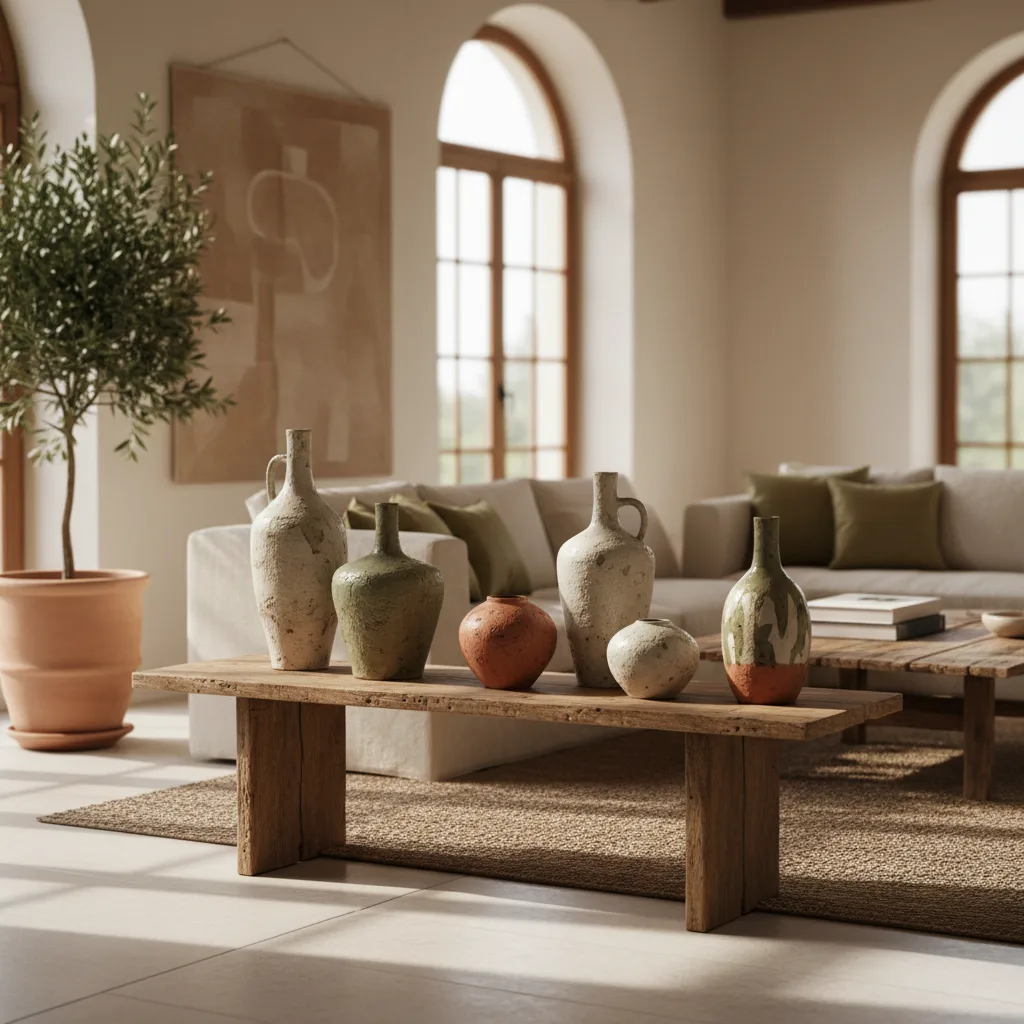 Jarrones decorativos de cerámica italiana combinados en un salón moderno con luz natural