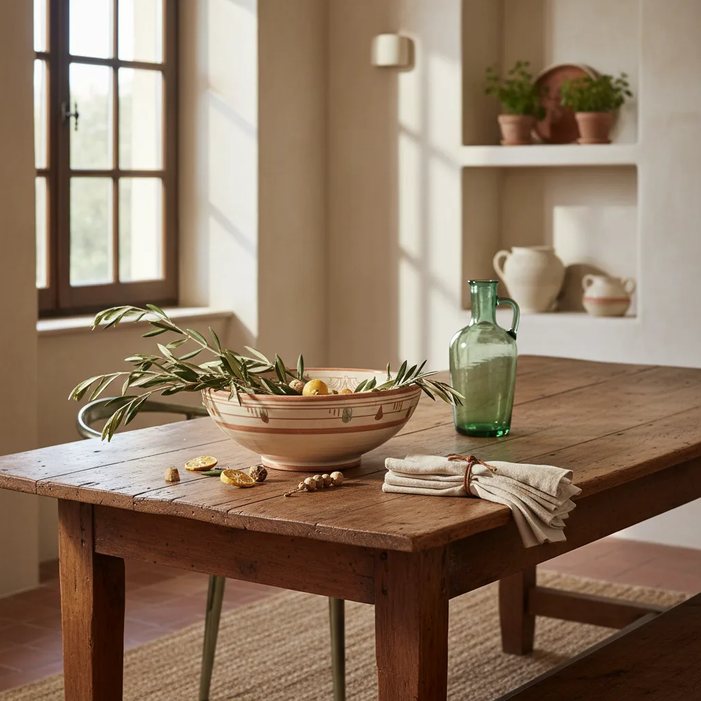 Centro de mesa de cerámica italiana sobre mesa de comedor de madera con decoración mediterránea