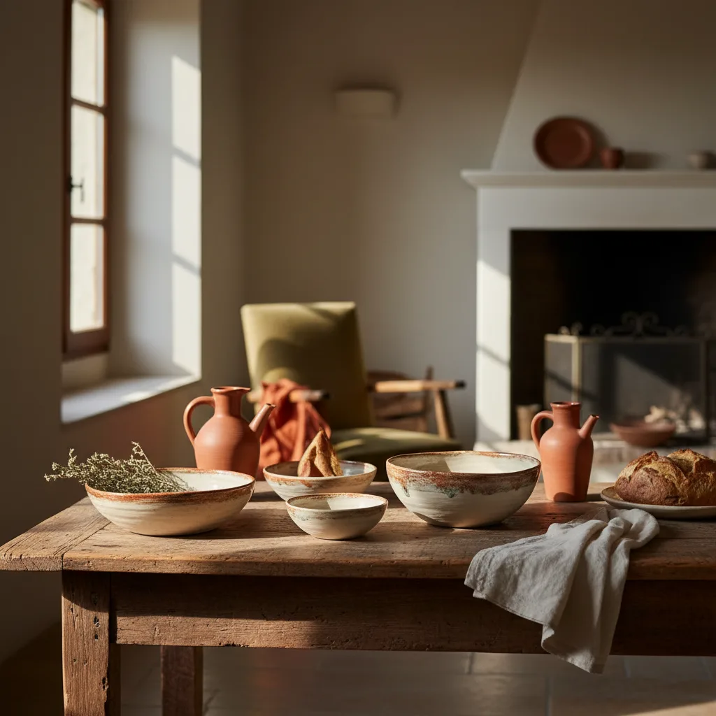 Cuencos de cerámica italiana de distintos tamaños sobre mesa de madera con luz natural
