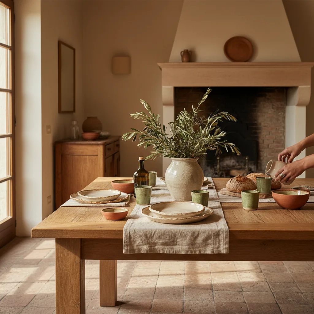 Mesa con vajilla de diseño italiano en cerámica artesanal y luz natural mediterránea