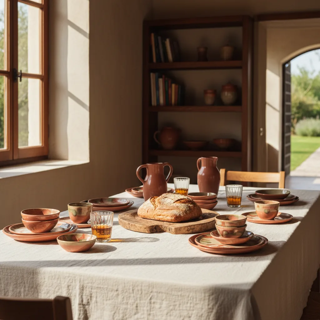 Vajilla de diseño italiano sobre mesa de comedor con mantel de lino y luz natural