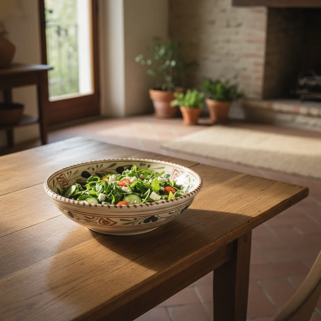 Ensaladera de cerámica italiana decorativa con ensalada fresca sobre mesa de madera