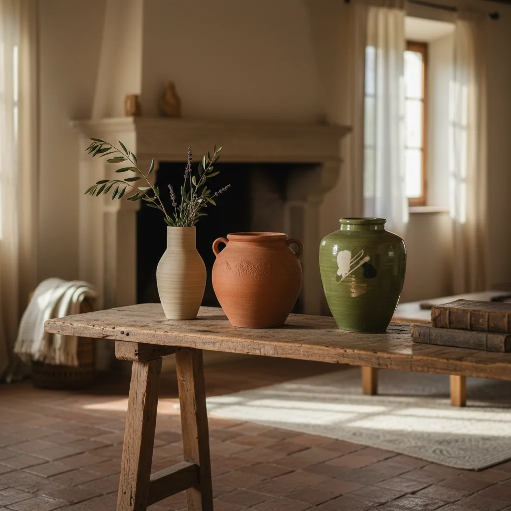 Jarrones decorativos de cerámica colocados con proporción correcta sobre consola de madera