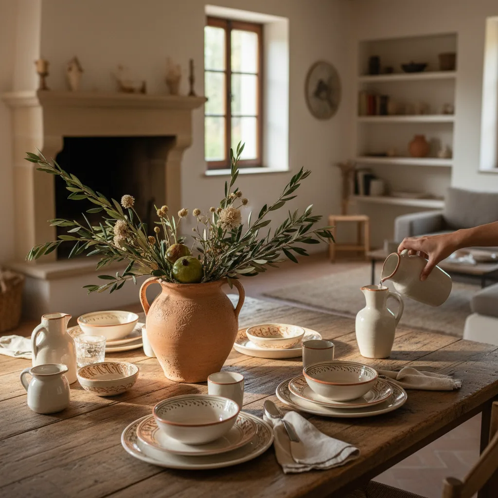 Decoración mesa comedor para cena especial con vajilla italiana y centro de mesa de cerámica