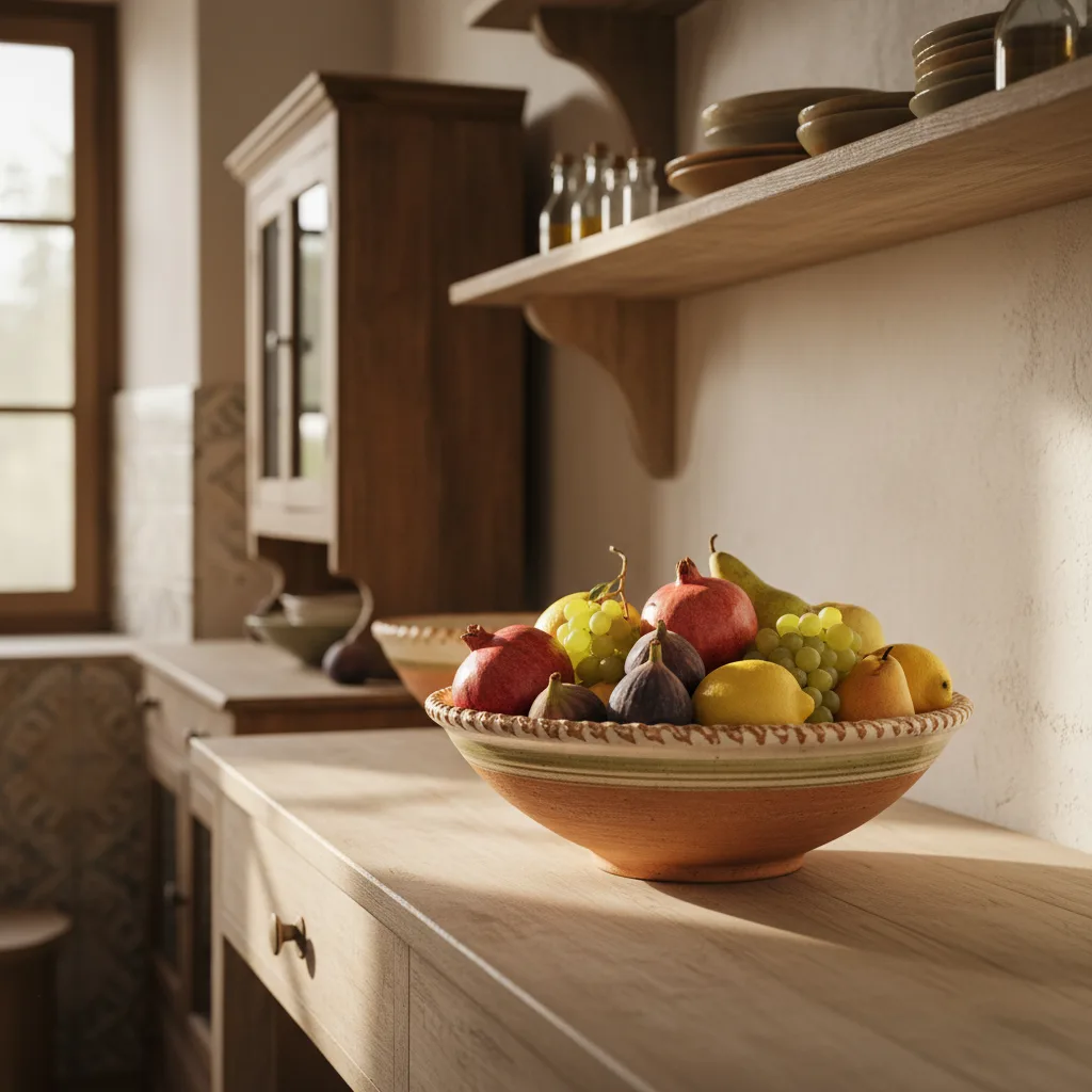Frutero de cerámica italiana con fruta de temporada sobre encimera de cocina