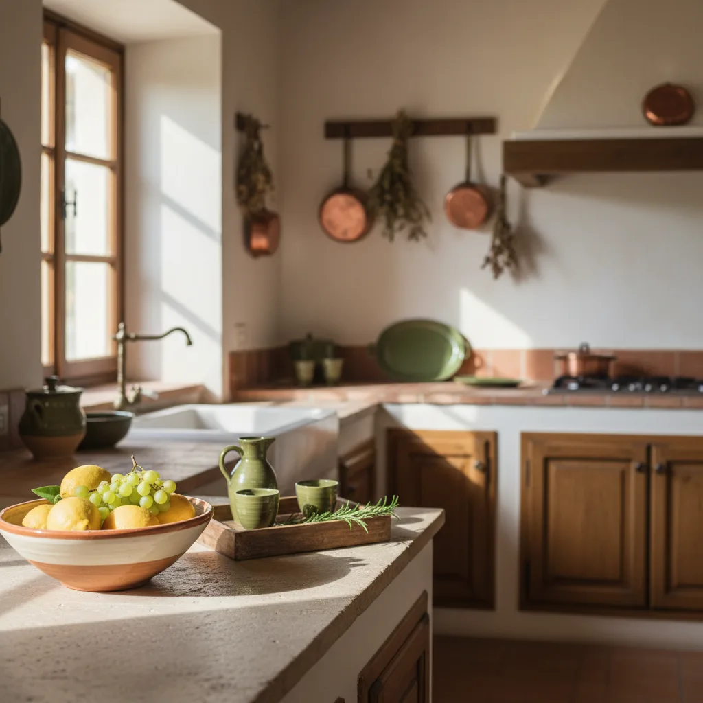 Frutero de cerámica decorativo y bandeja sobre encimera de cocina con luz natural