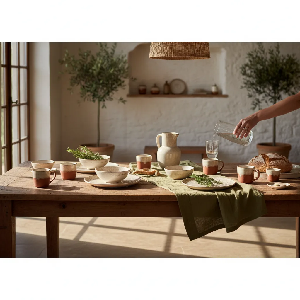 Piezas de menaje Brandani sobre mesa de madera toscana con luz cálida natural