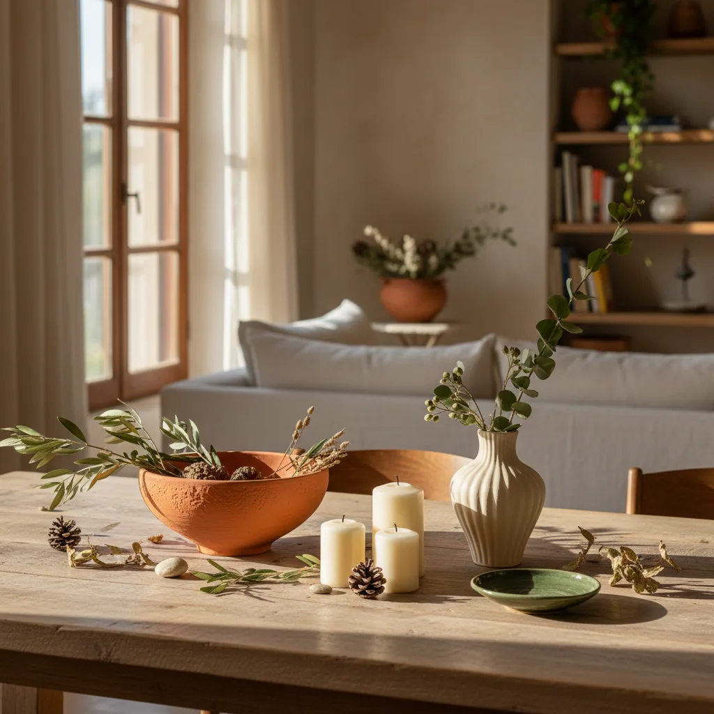 Centros de mesa modernos para 2026: composición con cerámica italiana, velas y ramas naturales sobre mesa de madera