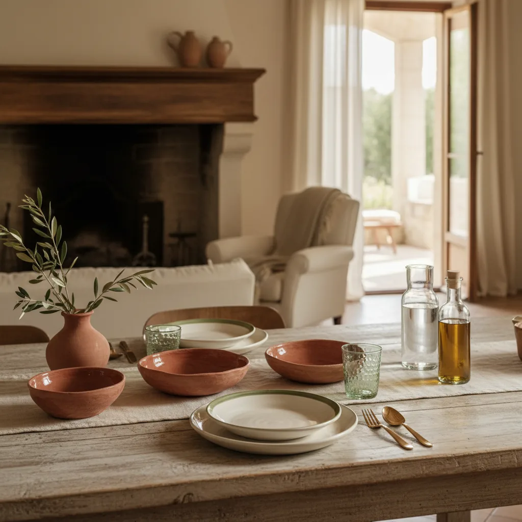 Selección de menaje italiano premium de distintas marcas sobre mesa de comedor mediterránea
