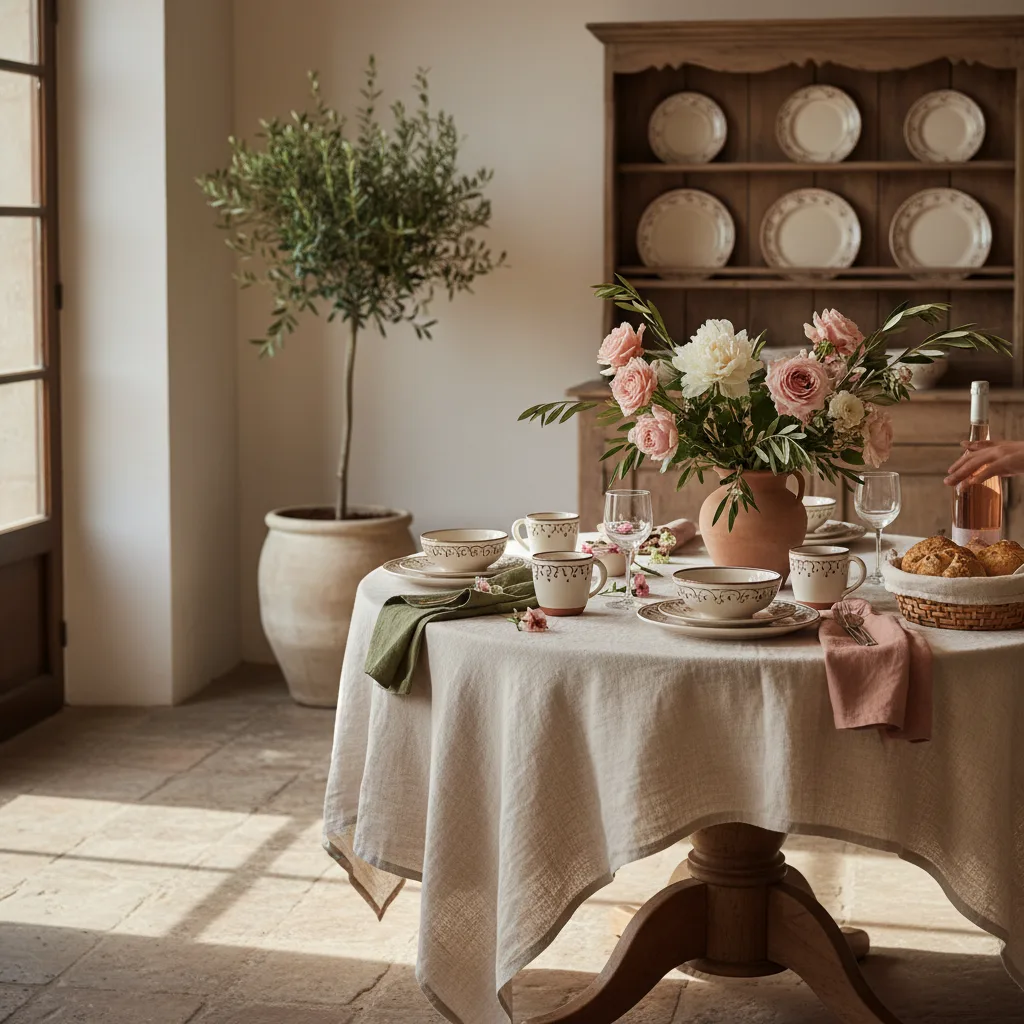 Mesa puesta para el Día de la Madre con vajilla de cerámica italiana, flores rosas y mantel de lino