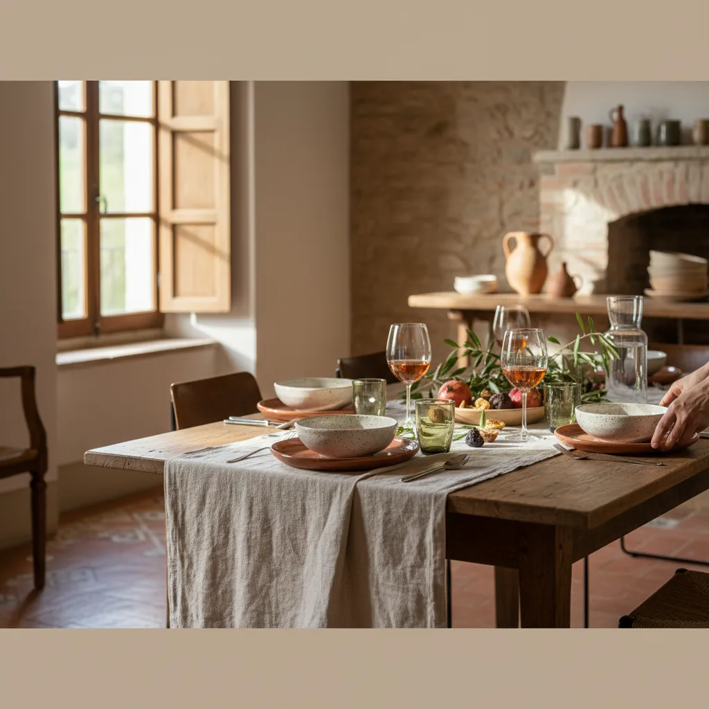 Mesa puesta italiana auténtica con vajilla de cerámica, mantel de lino y centro de mesa con ramas de olivo
