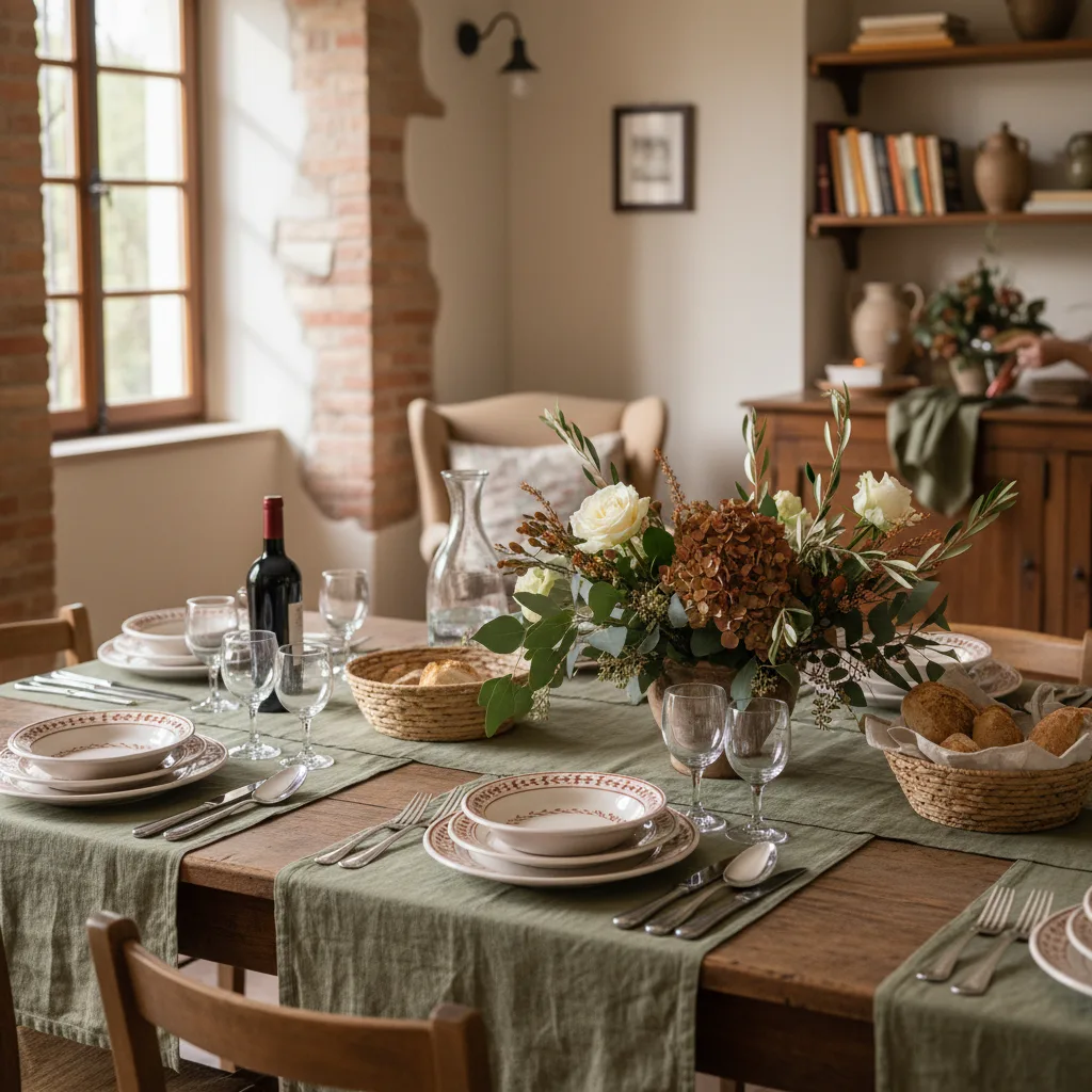 Mesa puesta para invitados con vajilla italiana, cubiertos en orden correcto y centro de mesa con flores