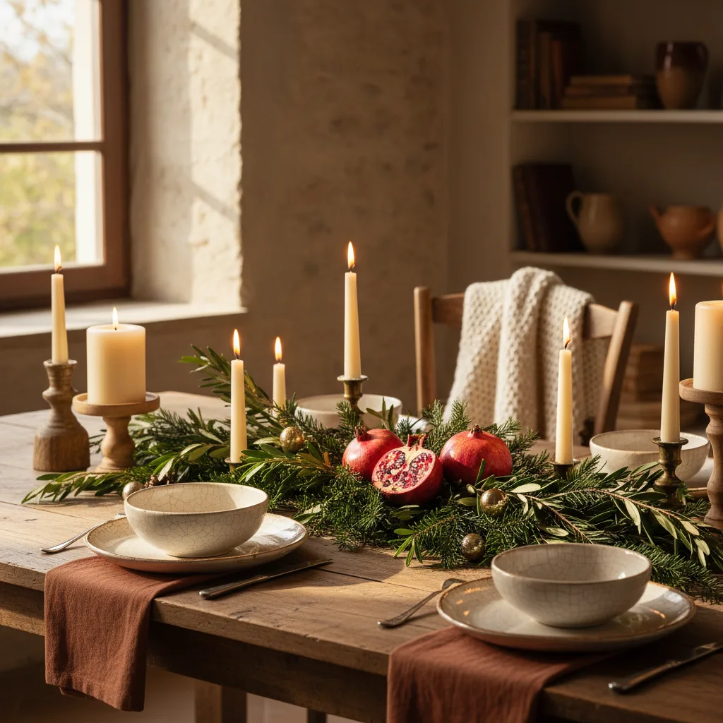 Mesa puesta de Navidad con estilo italiano: vajilla de cerámica, velas, ramas de abeto y granadas como centro de mesa