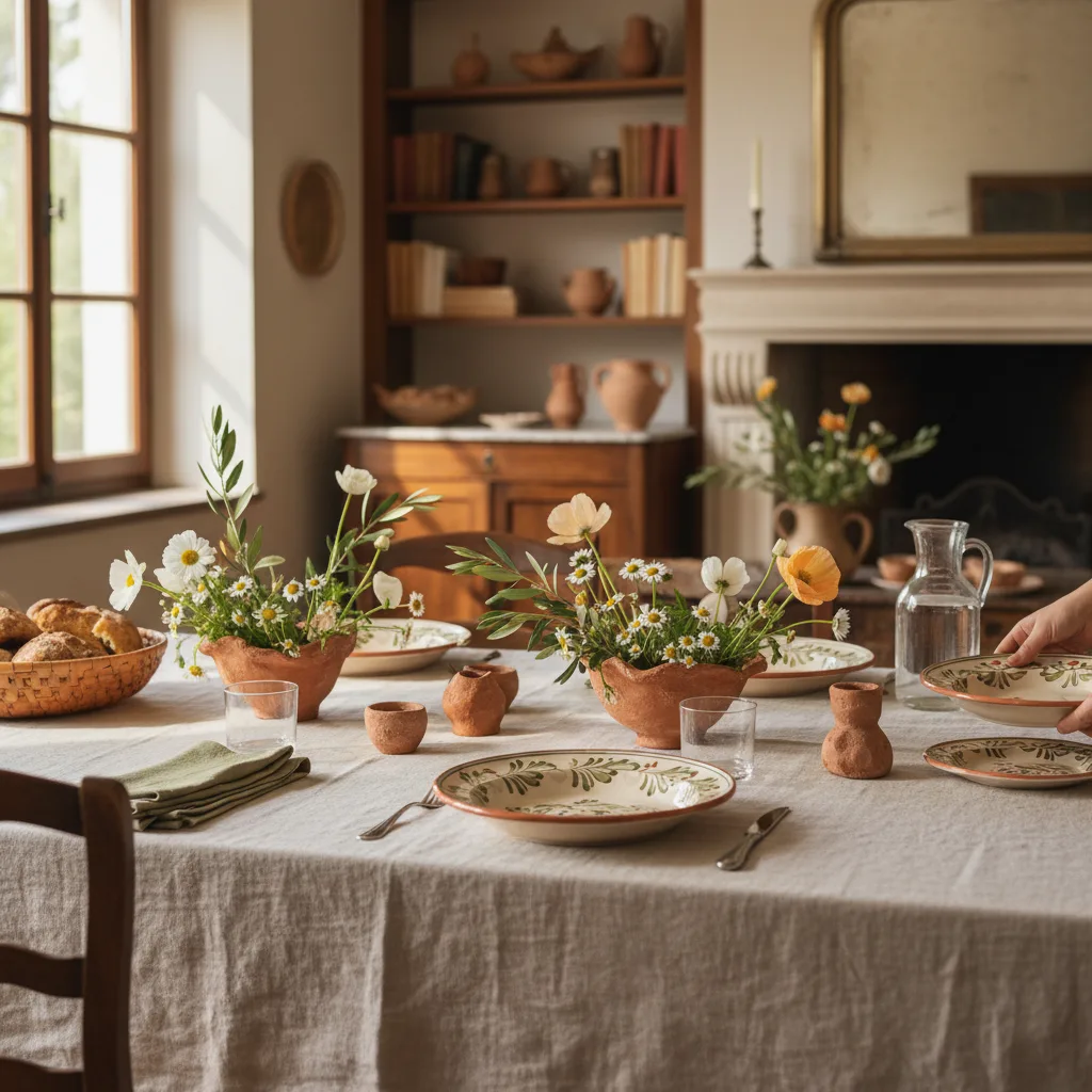 Mesa puesta de primavera con vajilla de cerámica italiana, flores frescas y mantel de lino
