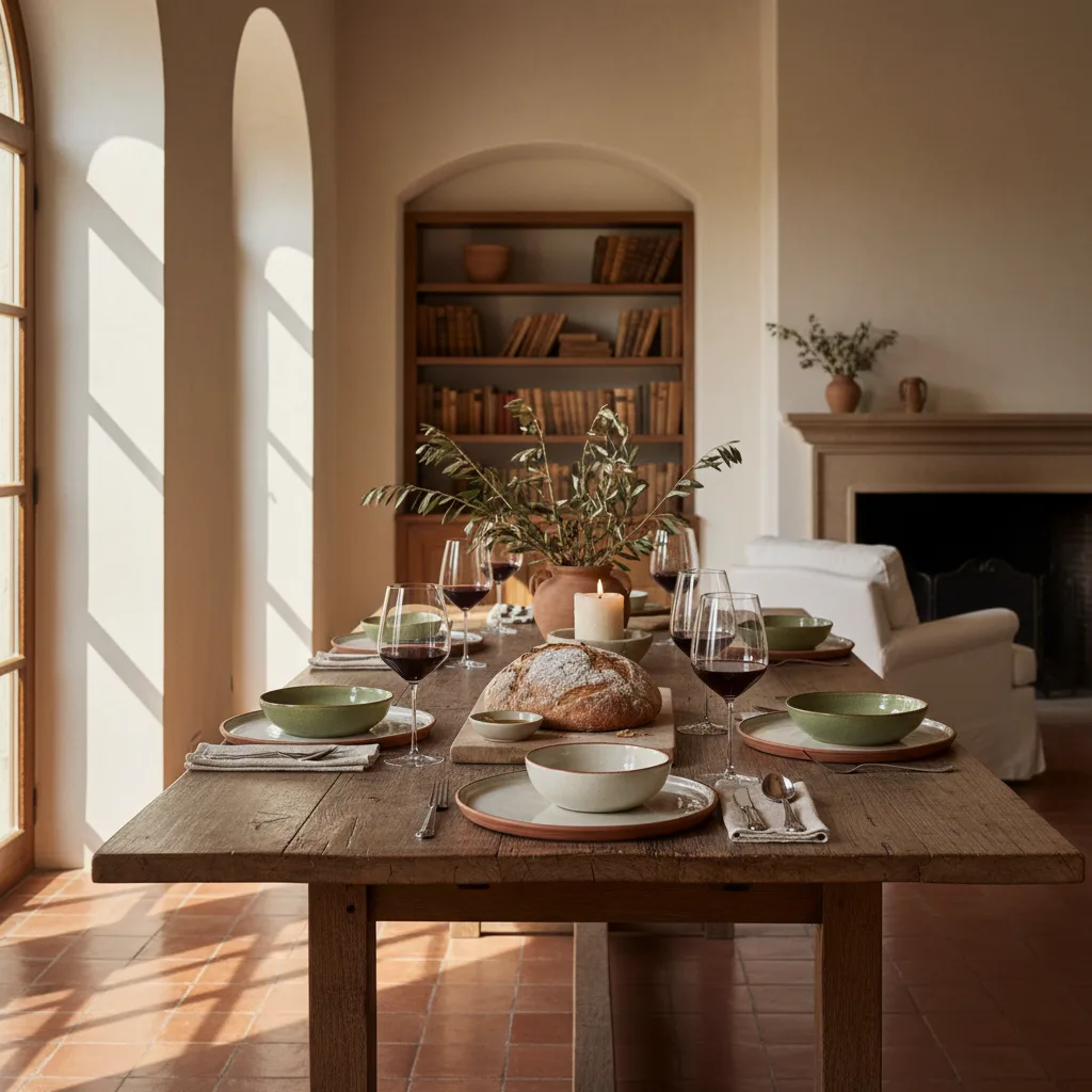 Mesa puesta italiana con cerámica artesanal, pan y copas de vino en comedor luminoso
