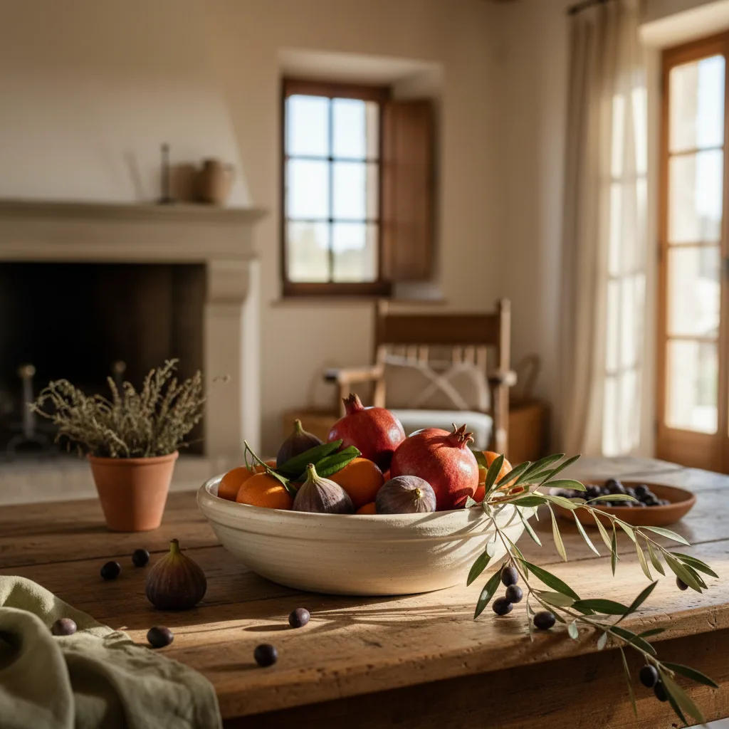 Centro de mesa original con cuenco de cerámica, frutas y rama de olivo sobre mesa de madera