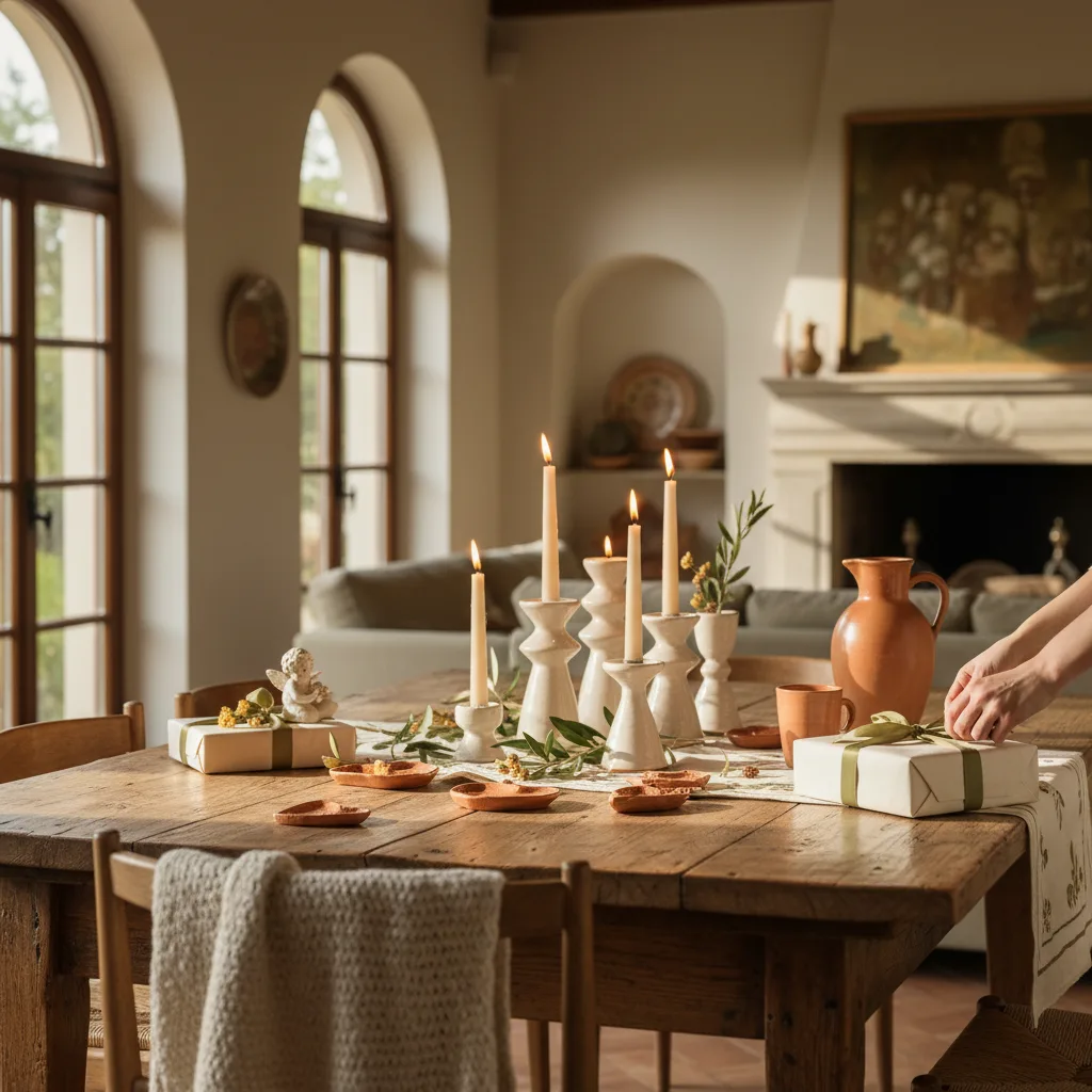 Mesa puesta con regalos decoración italiana para San Valentín — centro de mesa con velas y cerámica