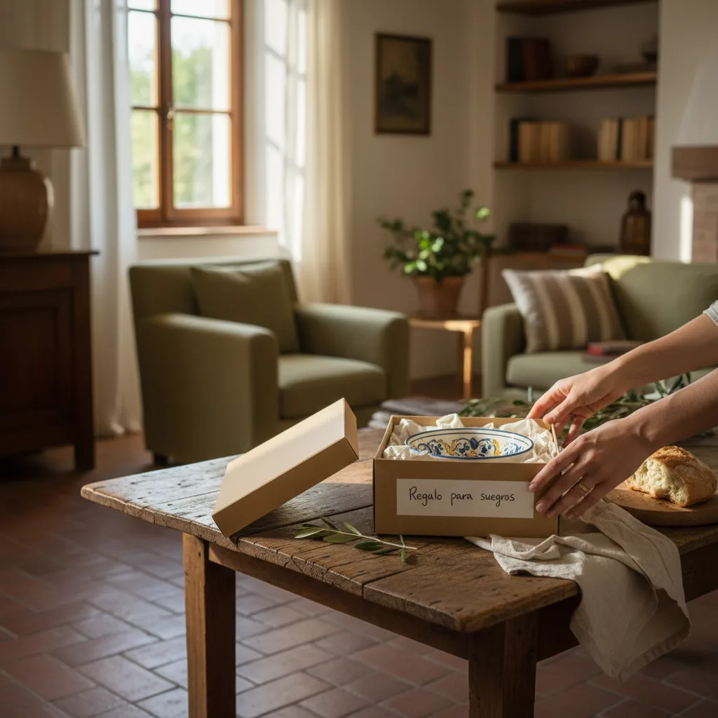 Regalo para suegros: caja con pieza de menaje italiano de cerámica abierta sobre mesa de madera