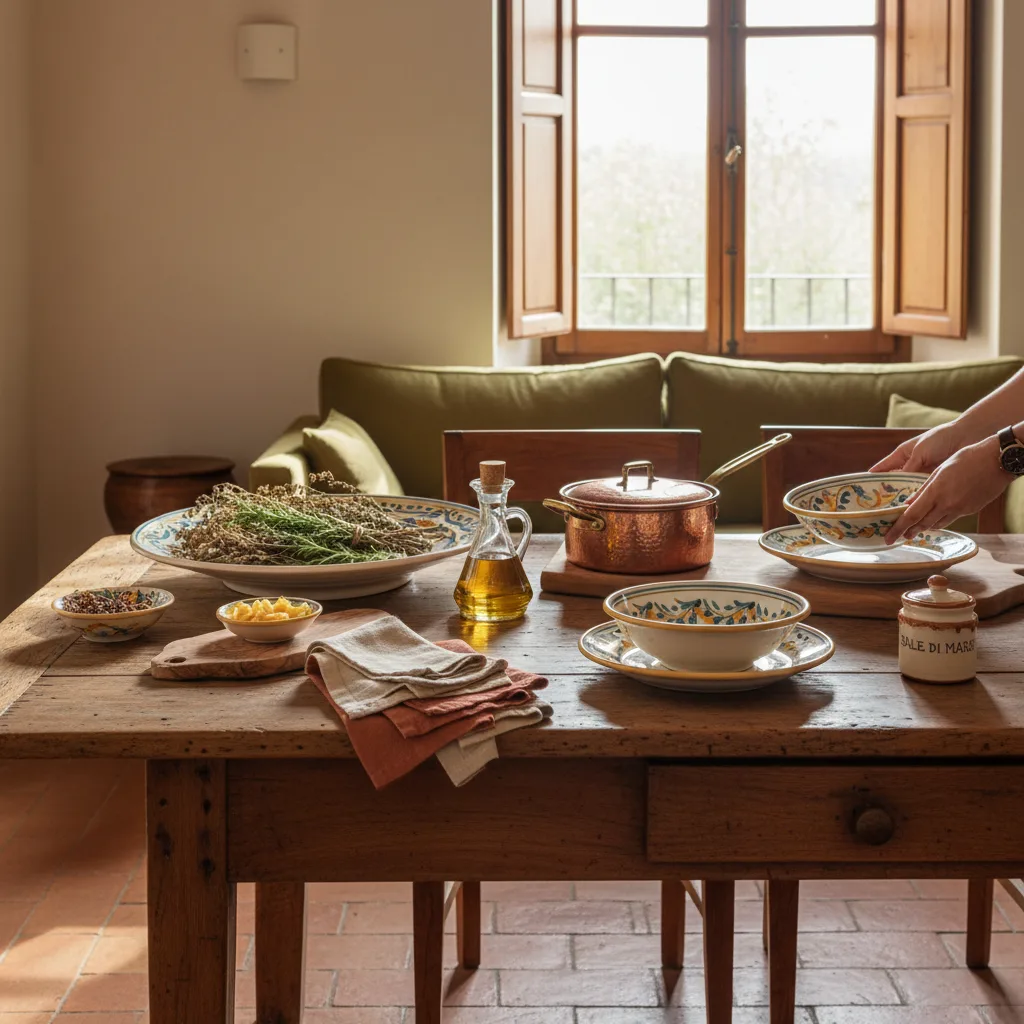 Regalos originales para amantes de la cocina: menaje decorativo italiano sobre mesa de madera