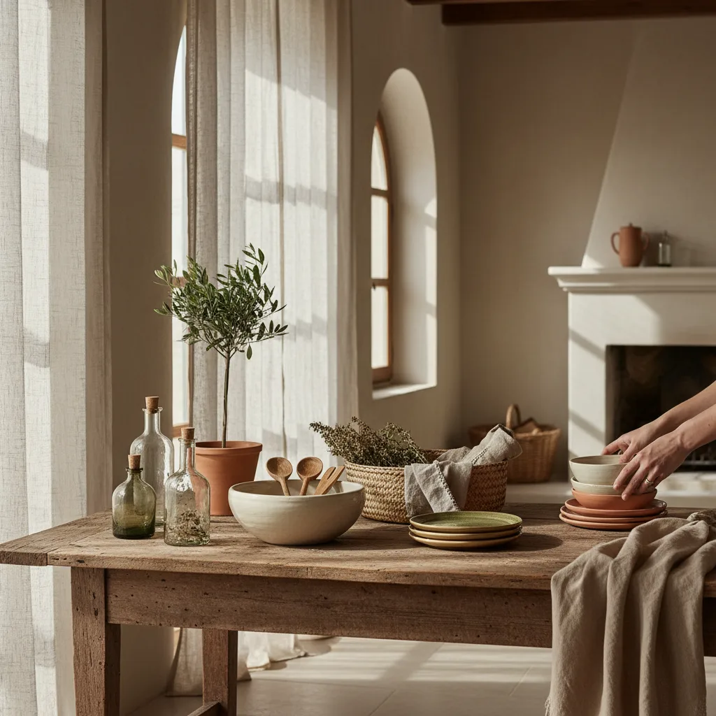 Regalos para casa nueva de menaje y decoración sobre mesa de madera con luz natural