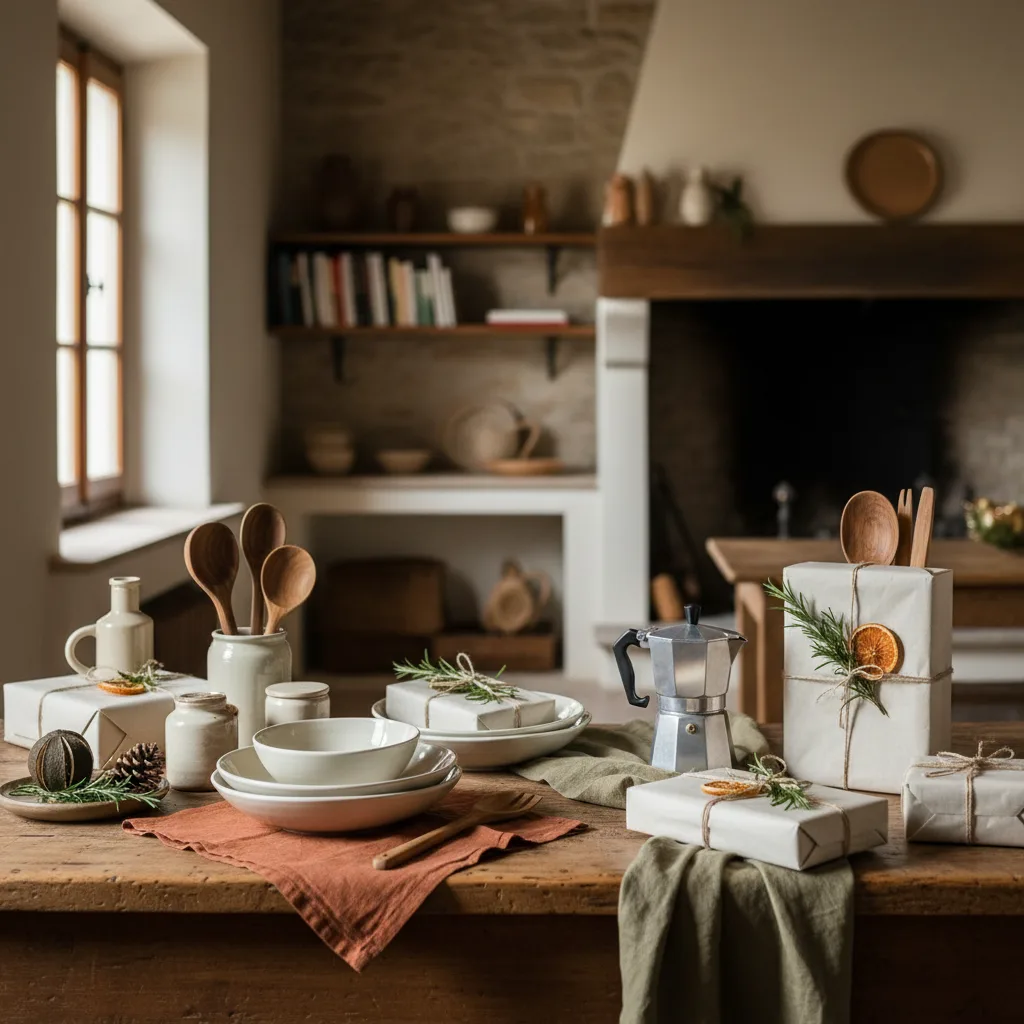 Regalos navideños para cocinillas: menaje italiano de diseño envuelto sobre mesa de cocina