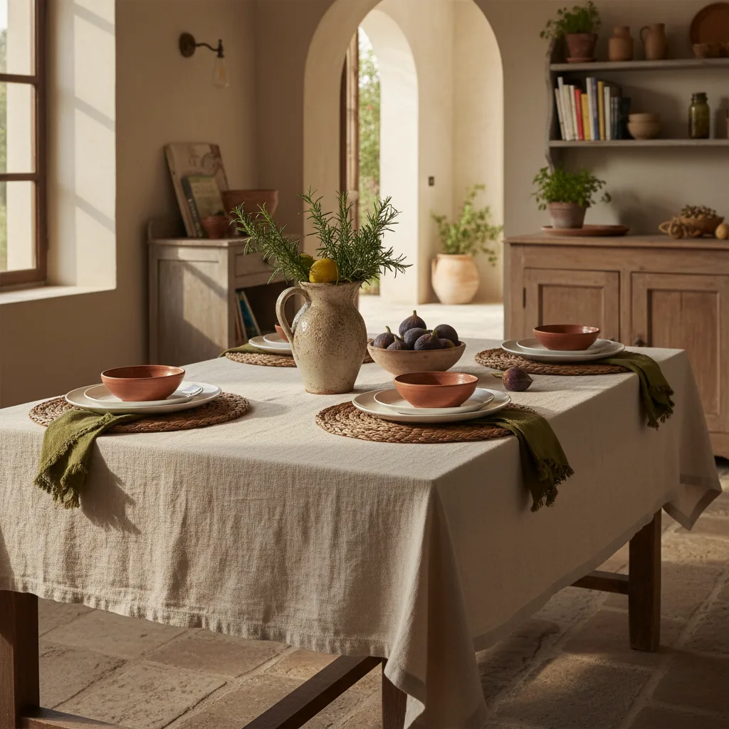 Decoración mesa cocina con mantel de lino, servilletas de tela y bajoplatos de fibra natural