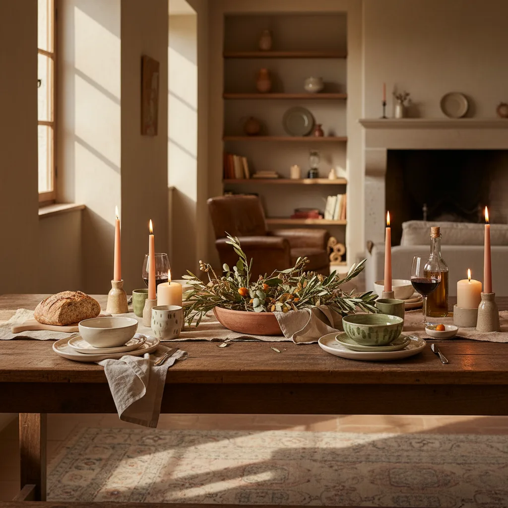Mesa decorada con estilo tablescaping: vajilla cerámica, velas y centro de mesa natural en salón con luz cálida
